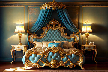  Elegant bedroom interior in baroque style.   Romantic bedroom.  Generative AI.