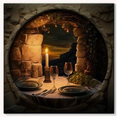 Intimate candlelit dinner scene on an ancient Greece stone background for St. Valentine's Day display AI generation