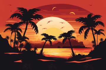 Fototapeta na wymiar Wallpaper. Sunset tropical beach with palm trees and sea. Nature landscape and seascape. ia generate.
