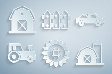Set Sunflower, Pickup truck, Tractor, Farm house, Garden fence wooden and icon. Vector