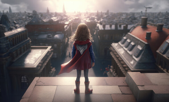 A child in a superhero costume stands on the roof of a building. Generative AI