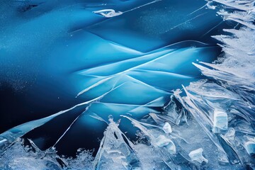 Frozen lake water in winter ice crystals natural blue, generative AI