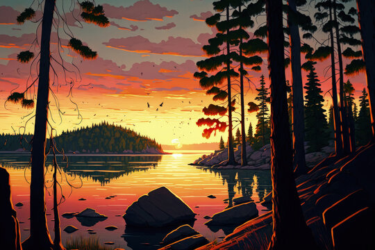 Sunset in Kazakhstan's Borovoe Lake National Park. Generative AI