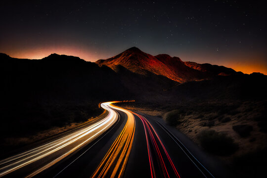 A long exposure photo of a highway at night.  Generative AI.
