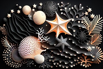 Abstract marine background with seashells and pearls, corals and starfish. AI