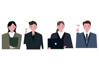 笑顔のビジネスマンの男女。会社のチーム。働くビジネスマンとビジネスウーマンのチーム。爽やかな笑顔。ベクターイラスト