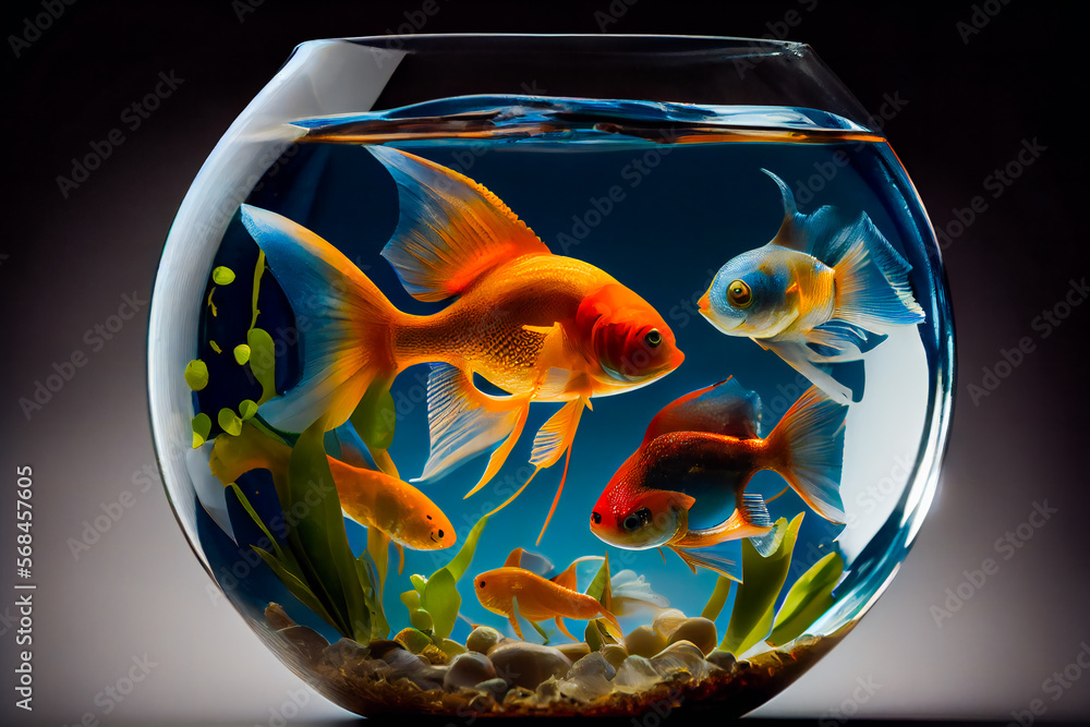 Wall mural Beautiful fish in round glass aquarium.  Fish Swimming In Fishbowl. Generative AI. - Wall murals