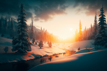 A peaceful snowy landscape, dotted with evergreens and blanketed in snow