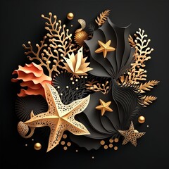 Fototapeta na wymiar Abstract marine background with seashells and pearls, corals and starfish. AI