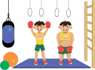 Two boys are standing in the gym wearing boxing gloves. They boxed. The winner is a slender and athletic boy. He is happy. The fat man lost. He is upset.
