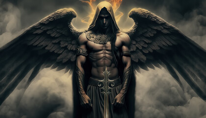 Fototapeta premium Dark warrior angel with medieval sword before the fight. fantasy background. digital ai art 