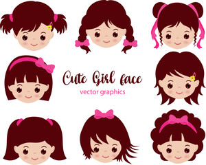 Beautiful face little girl with various hairstyles. Cute girl face 