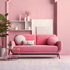 Cozy modern living room interior with pink sofa and decoration room on a pink or white wall background, Generative AI
