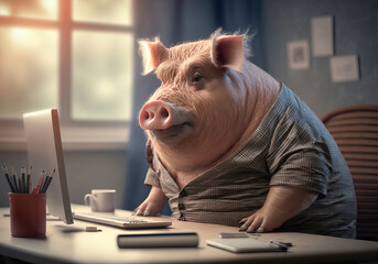 Portrait of pig in a business suit at the office. generative ai