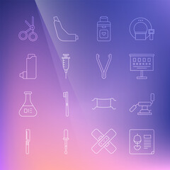 Set line X-ray shots, Medical dental chair, Eye test chart, Organ container, Syringe, Inhaler, scissors and tweezers icon. Vector
