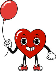 Heart character with balloon in retro cartoon style. Valentines day concept. Flat vector illustrations on white background.