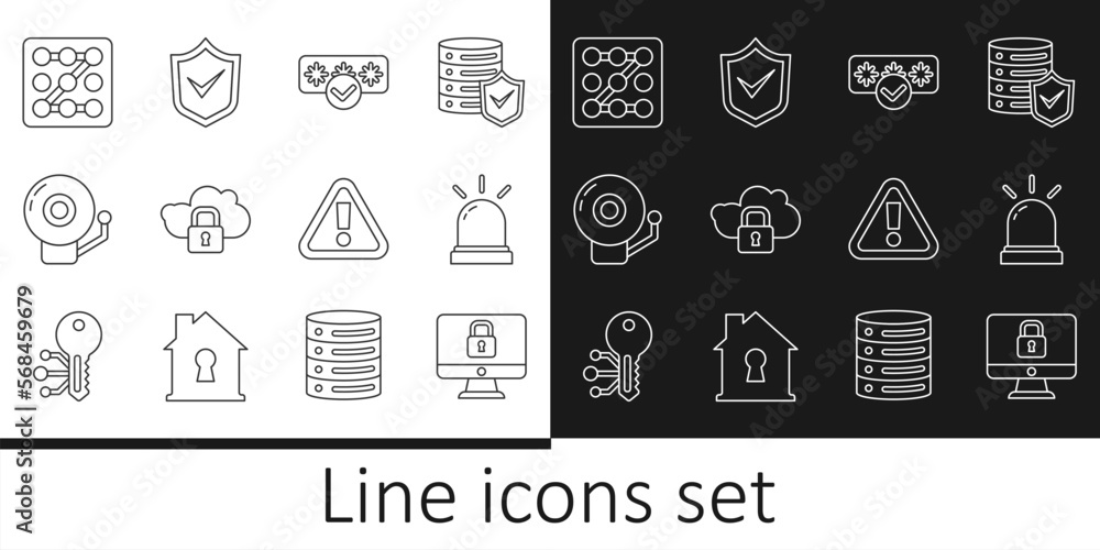 Poster set line lock on computer monitor, motion sensor, password protection, cloud computing lock, ringing
