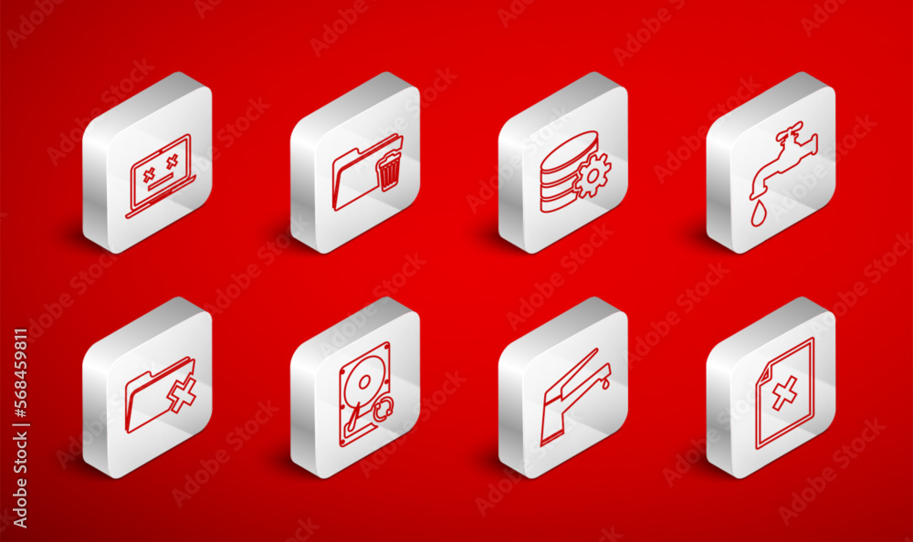 Poster set line delete file document, folder, setting database server, water tap, dead laptop, hard disk dr