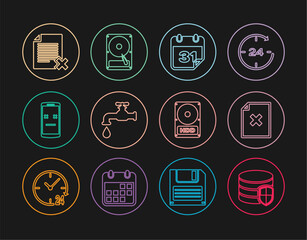 Set line Database protection, Delete file document, Calendar, Water tap, Dead mobile, Hard disk drive HDD and icon. Vector