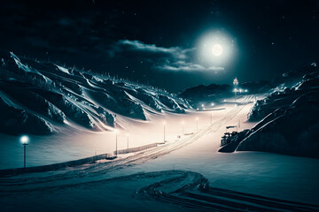 A snow-covered ski slope lit up for night skiing