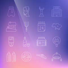 Set line Bread and salt, Metro or Underground, Map of Ukraine, Mother Motherland monument, Garden pitchfork, Ukrainian house, Cossack pants and Independence day icon. Vector