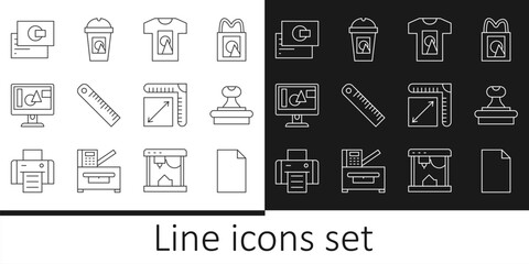 Set line Empty document, Stamp, T-shirt, Ruler, Computer monitor screen, Business card, Paper size and Coffee cup go icon. Vector