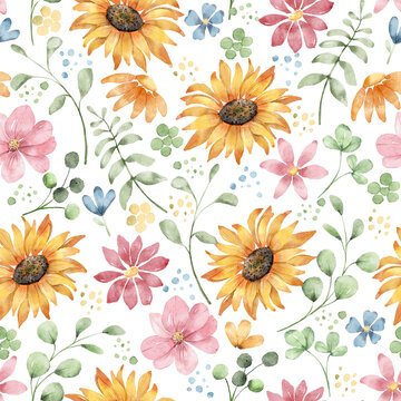 Seamless pattern with watercolor flowers, sunflower, repeat floral texture, digital paper hand drawing. Perfectly for wrapping paper, wallpaper, fabric, texture and other printing.