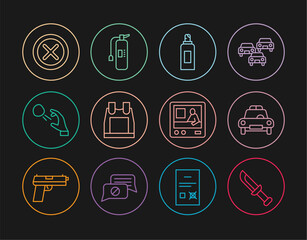 Set line Military knife, Police car and flasher, Paint spray can, Bulletproof vest, Hooligan shooting stones, X Mark, Cross circle, Television report and Fire extinguisher icon. Vector