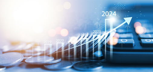 Coin drop 2024 new year business growth chart, positive indicator 2024, global company...