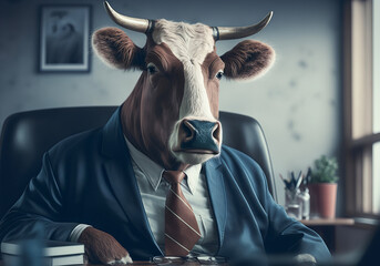 Portrait of cow in a business suit at the office.generative ai