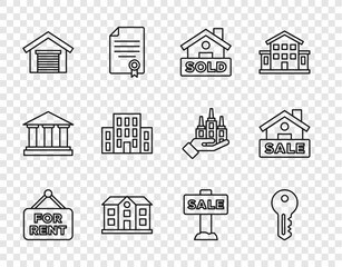 Fototapeta premium Set line Hanging sign with For Rent, House key, text Sold, Garage, Sale and icon. Vector