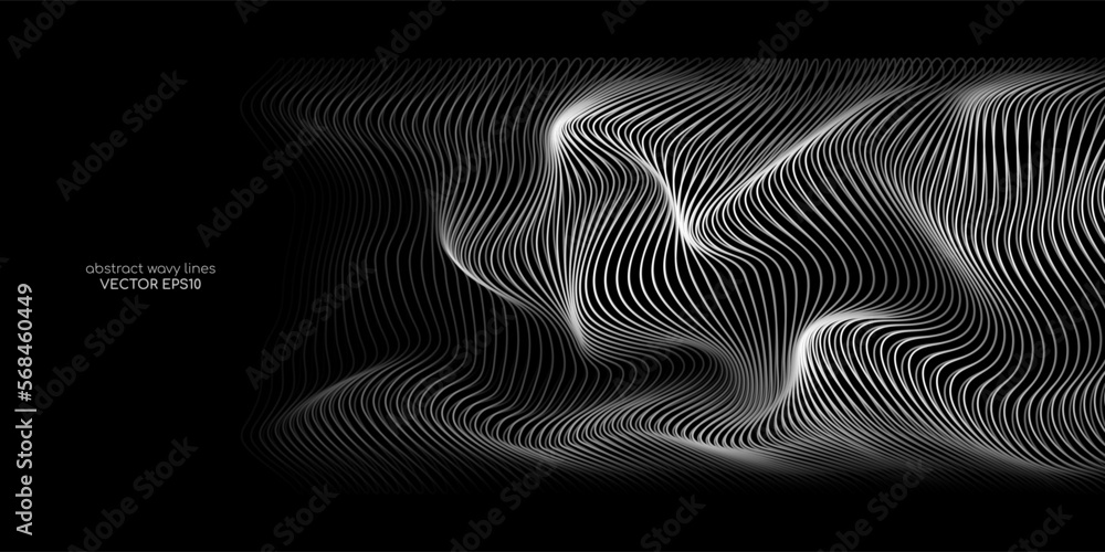 Fototapete 3D Vector wave lines pattern smooth curve flowing dynamic white light isolated on black background for concept of technology, digital, communication, science, music.