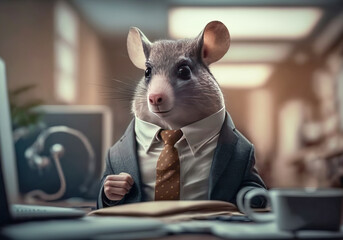 Portrait of mouse in a business suit at the office.generative ai