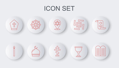 Set line The commandments, Burning candle, Star of David, Holy grail or chalice, Pope hat, Dharma wheel, Muslim Mosque and Christian cross icon. Vector - obrazy, fototapety, plakaty