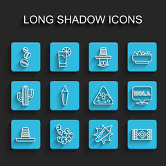 Set line Mexican sombrero, Cactus, Coffee beans, Hot chili pepper pod, carpet, Hola and Nachos icon. Vector