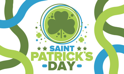 Happy Saint Patricks Day. Traditional irish holiday. Celebrate annual in March 17. Clover and shamrock leaves. Green and orange party design. Ireland color. Poster, card, banner and background. Vector