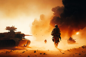An intense desert storm operation in progress with soldiers engaging in close combat