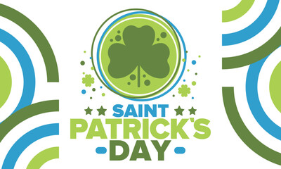 Happy Saint Patricks Day. Traditional irish holiday. Celebrate annual in March 17. Clover and shamrock leaves. Green and orange party design. Ireland color. Poster, card, banner and background. Vector