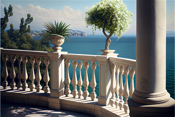 terrace with stone balustrade overlooking a coastal landscape, generative AI