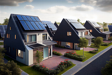 Obraz na płótnie Canvas Residential development with houses equipped with solar panels on the roofs, generative AI