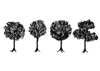 木のイラストクリップアートセット　白黒,モノクロ,単色, ベクター