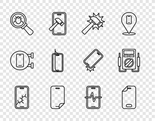 Set line Mobile with broken screen, Glass protector, Hammer, System bug, Phone repair service and Multimeter icon. Vector