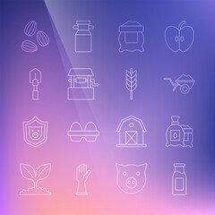 Set line Bottle with milk, Pack full of seeds of plant, Wheelbarrow dirt, Bag flour, Well, Shovel, Seeds and Wheat icon. Vector