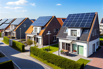 Residential development with houses equipped with solar panels on the roofs, generative AI