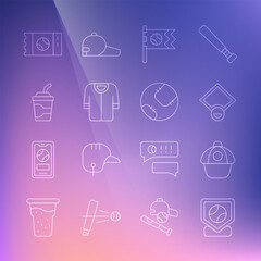 Set line Baseball base, cap, field, Flag with baseball, t-shirt, Paper glass water, ticket and icon. Vector