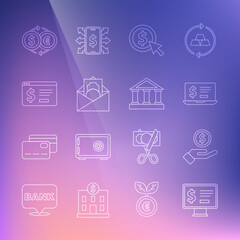 Set line Monitor with dollar, Hand giving money, Laptop, Coin, Envelope symbol, Online banking, Money exchange and Bank building icon. Vector