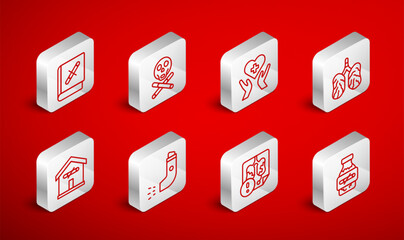 Set line Nicotine gum in blister pack, Bones and skull, Heart with cross, Disease lungs, Book stop cigarette, Inhaler and No smoking at home icon. Vector