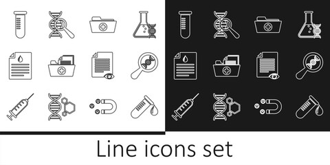 Set line Test tube with drop of blood, DNA research, search, Health record folder, Clipboard test, flask, Paper page eye and icon. Vector