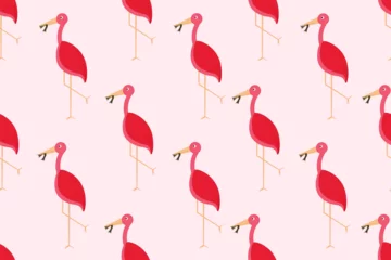 Foto auf Acrylglas Flamingo Seamless pattern with pink flamingo on tender viva magenta background. Tropical bird with frog in the beak. Endless backdrop with wild birds. Wallpaper and bed linen print. Marketing material.