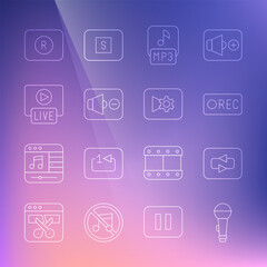 Set line Microphone, Repeat button, Record, MP3 file, Speaker mute, Live stream, and Music video settings icon. Vector